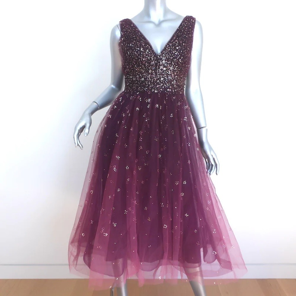 Marchesa Notte Ombre Glitter Tulle Dress Wine Size 12 Sleeveless V-Neck - Picture 1 of 8